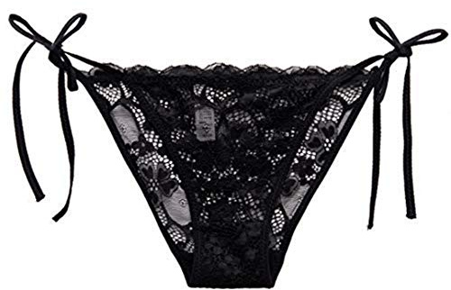 HTRUIYATY Women's Lace Briefs Ladies Adjustable Side Tie Bikini Panties Sexy Charming Knickers Underwear (Black)