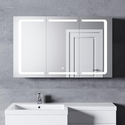 SONNI Spegelskåp 3 dörrar med touchströmbrytare och belysning kallvit/neutral vit/varm vit, LED spegelskåp i rostfritt stål med uttag 105 x 65 cm