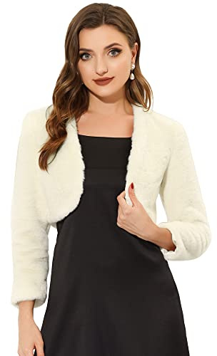 Allegra K Abrigo de piel sintética de manga larga sin cuello, chaqueta corta con parte delantera abierta y corta para mujer Beige oscuro XS