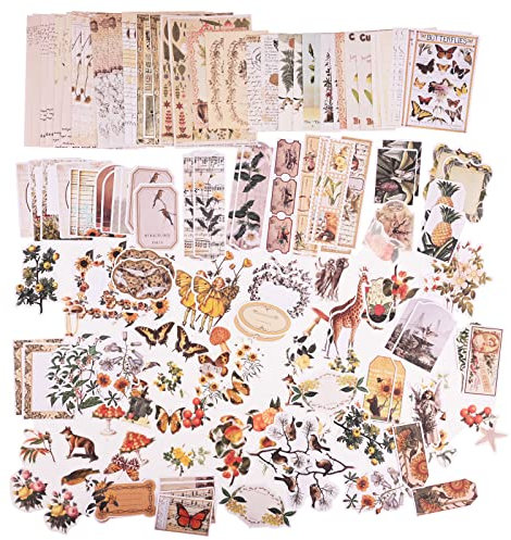 200 Stück Vintage Scrapbooking Aufkleber Set,Ästhetische Dekoratives Aufkleber,Retro Journal Zubehör,Washi Sticker DIY Kunst Basteln,Natürliche Tiere Blumen,zum Sammelalbum Fotoalbum Album Tagebuch