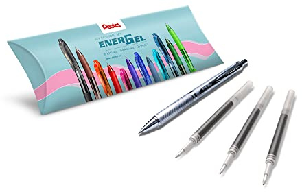 Pentel Energel Sterling BL407, Roller encre gel rétractable pointe moyenne 0,7 mm, Corps métal encre noire, Pack de 1 stylo + 3 recharges LR7