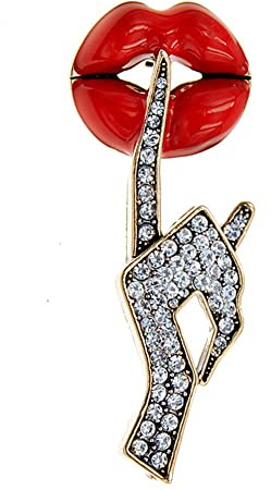 Sexy Red Lips Brooch Rhinestone Quiet Gestures Statement Brooches Lapel Pins Elegant Dress Accessories Suit Tie Art Deco Fashion Imitation Cubic Zirconia Jewelry Lover Gift for Women Girls