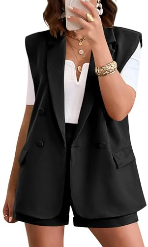 KIRUNDO Two Piece Summer Sets Black Casual Loose Lapel Sleeveless Blazer Jacket and Shorts Set Suit Business Casual Clothes for Women(Black, X-Large)