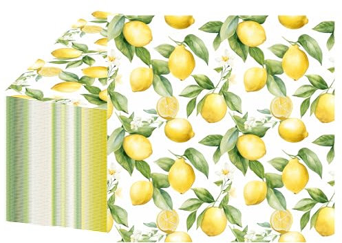 peony man 100 Stück Zitronen-Cocktail-Servietten, gelbe Zitrus-Papierservietten, 3-lagig, Sommerfrucht, Einweg-Servietten, Zitrone, Abendessen, Handtücher für Küche, Badezimmer, Sommer, Getränke