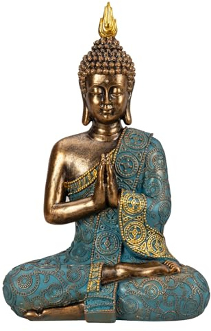Lifestyle & More Figura decorativa de Buda de piedra artificial, oro/menta, verde, altura 30 cm, ancho 20 cm