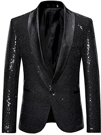 Giacca con paillettes da uomo Blazer Giacche Sportive Slim Fit Leisure Blazer Giacca Smart Casual Ideale per palcoscenico o danza Performance Paillettes Tinta unita Suit, Nero , L