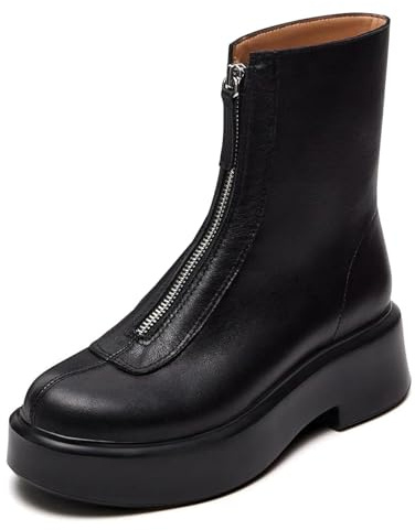 ZJGZF Women's Platform Ankle Boots Leather Black Boot Chelsea Booties Block Heel Round Toe Short Combat Boots Comfortable Zipper Winter Snow Boot Casual