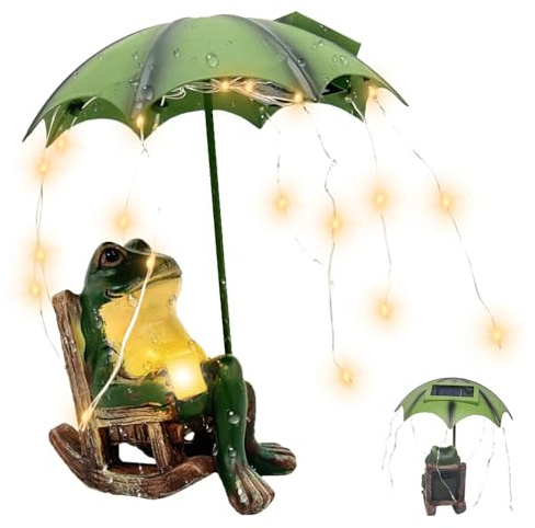 KBIBCK Solar Frog Statues Decor, Frog Garden Ornaments With LED Lights,SolarFrogStatues Outdoor Holding Coffee and Umbrella,Solar FrogStatues,Waterproof Garden Frog for Balcony, Patio, Yard, Lawn