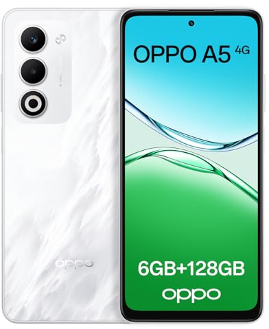 OPPO A5 4G 6GB RAM + 128GB ROM, Smartphone Desbloqueado con IA, Pantalla de 6,67 Pulgadas y 90 Hz, cámara AF de 50 MP, batería de 6000 mAh, IP65, Mist White (Incluye Cargador SUPERVOOC de 45 W)