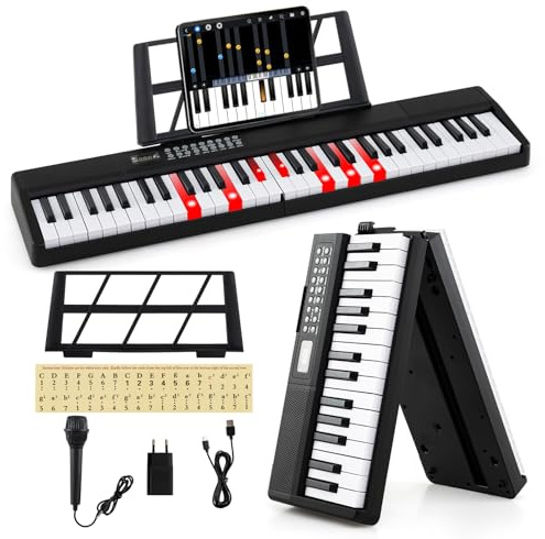 COSTWAY 61-Tasten Keyboard Piano, faltbares Klavier mit Leuchttasten, Notenständer, Mikrofon, 3 Lehrmodi, Digital Piano tragbar mit Dual-Lautsprechern, MP3/USB/MIDI