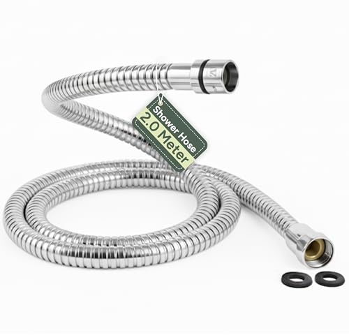 Zuvo Shower Hose 2m Extra Long - Stainless Steel Anti-Kink Replacement Shower Pipe with Brass Connectors | Heavy-Duty Chrome Flexible Hose for Bath Taps | Universal G1/2” Fit