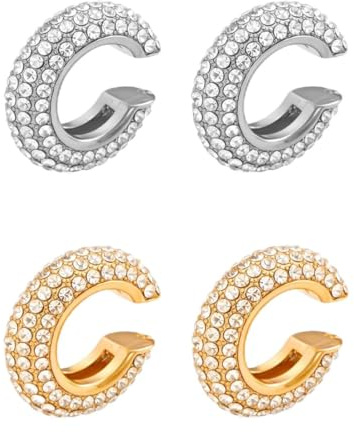 DOVBAN 2 Pares Ear Cuff Pendientes de Oro y Plata, Mujer Earcuff de Acero Inoxidable Pequeños de Plata 925 con Clips Falsos