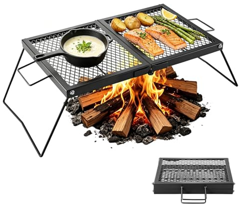 VEVOR Heavy Duty Folding Campfire Grill, 24 Portable Camping Grill Grate, Sturdy Steel Mesh, Compact Equipment Over Fire Pit, with Legs and Handle, Grilling Rack for Outdoor Open Flame Cooking, Black