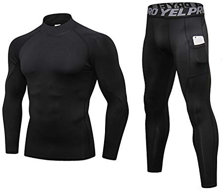 Minghe Mens Base Layer Compression Stand Collar Top and 2 Pockets Bottom Quick Dry Wicking Athletic Traning Running Workout Outdoor T-Shirts