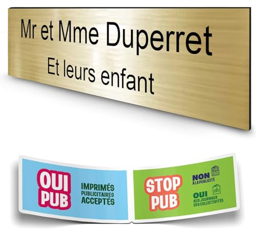 DECOHO - Plaque boîte aux lettres personnalisée adhésive - plastique 1,6 mm - or brossé, 2 lignes - 100x25 mm + stickers Stop Pub offerts - Or