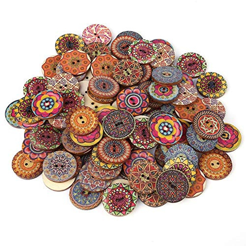 Fydun Bottoni rotondi in legno 100 pezzi con bottoni Modello vintage a 2 fori Bottoni per cucito fai-da-te Decorativi 25mm