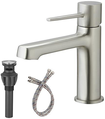 BATHLAVISH Gebürsteter Nickel Badezimmer-Wasserhahn Einzelgriff Einloch mit Pop-Up-Abfluss mit Überlauf Moderne Bürste Spüle 1 oder 3 Loch Deck Montage WC Waschtisch Deck Montage Mischbatterie Teile