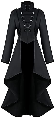 Women Steampunk Vintage Tailcoat Jacket Irregular Hem Gothic Clothing Victorian Frock Coat Long Coat Renaissance Medieval Cosplay Uniform Halloween Costume for Women (Black, 2XL)
