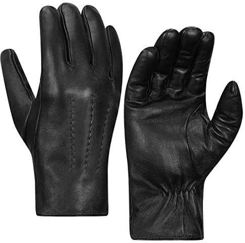 Harssidanzar Guantes de cuero para hombres,guantes forrados de piel de conejo de cuero en invierno frío KM047,Negro,L