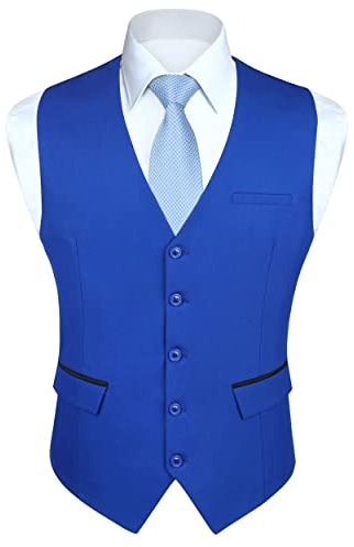 HISDERN Men's Royal Blue Waistcoats Formal Wedding Waistcoat Solid Colour Classic Business Party Tuxedo Suit Vest with Fashion Pockets Regular Fit M