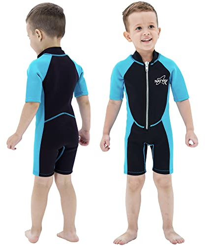 NATYFLY Kids Shorty Neoprenanzug 2.5mm Kinder Neopren Thermal Badeanzug UV-Schutz Badeanzüge für Mädchen Jungen One Piece WetSuits (Blau, 10 Jahre)