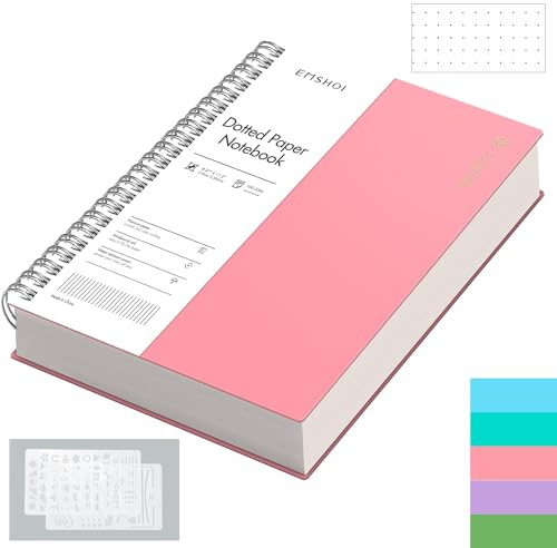 EMSHOI A4 Notebook, Spiral Dotted Journal, 300 Pages, PVC Cover, Pink | 100GSM Paper, Flexible Plastic Cover, Notepad with Journaling Stencils, Pocket, Pen Loop, Bookmark Ruler, 21.5 x 27.9cm