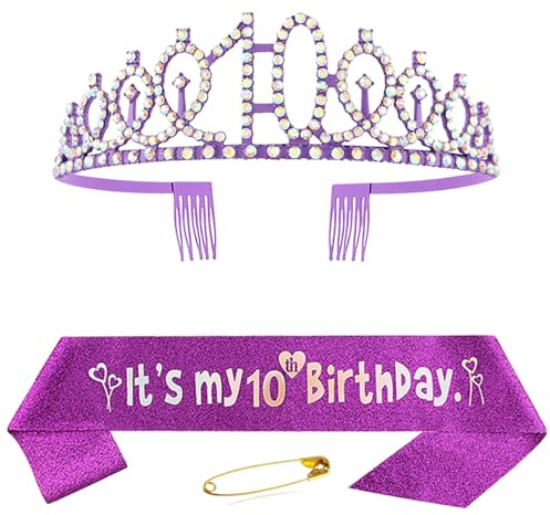 10. Geburtstag Schärpe und Krone für Mädchen Lila Kristall Queen Tiara Princess Crown 10th Birthday Schärpe 10. Geburtstagskrone Birthday Party Accessoires Geburtstagsdeko 10th Geburtstagsgeschenk