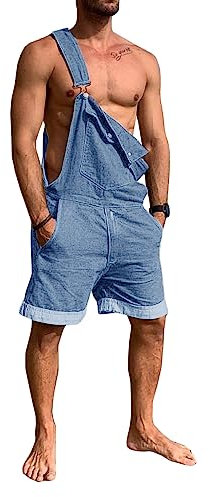 Runcati Herren Denim Overall Shorts Sommer Workwear Verstellbare Jumpsuit Lässige Jeans Kurz Rompers Lose Fit, Blau, M