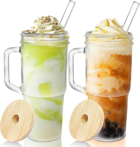 Glass Cups with Lids and Straws 2 Packs - 24oz Glass Tumbler with Handle, Mason Jar with Lid and Straw -Wide Mouth Reusable Drinking Glasses for Iced Coffee Smoothie Matcha Cocktail Whiskey Milk