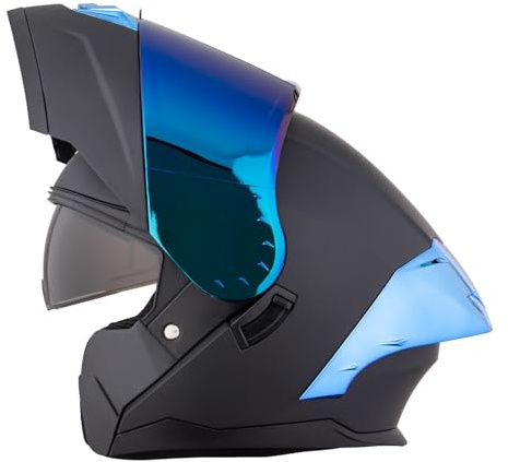 Crown Racing Motorcycle Helmets, Matte Black with Blue Accents, Full Face Flip up for Men and Women Visor DOT Approved Helmet