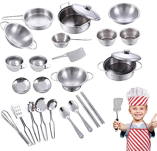 25Pcs Kids Play Kitchen Accessories Kitchen Pretend Toy Set, Stainless Steel Cookware Cooking Utensils Pan Toys Set Educational Toys for Kids Toddlers Christmas Birthday or Everyday Gifts