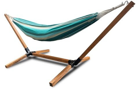 Rijoka Hängematte mit Gestell – Gartenliege mit Holzständer – 150kg Belastung – 270x100x95cm