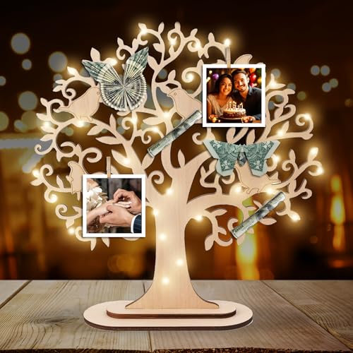 Geldbaum aus Holz mit LED Lichterkette: Lebensbaum Deko Geldgeschenke für Geburtstag und Hochzeit für Männer, Frauen und Brautpaare