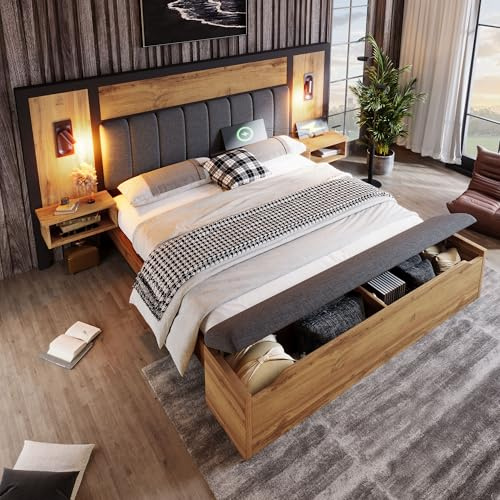 Kebnor Doppelbett Polsterbett, Bettanlage mit Leselampe und USB C Nachttisch und Sitzbank mit Stauraum, Bettgestell mit Lattenrost aus Metall, Holz und Leinen, Eiche(Ohne Matratze) (160×200cm)