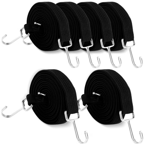 MUXHEL 6 stycken 3 m spänngummi med krokar, 3 cm breda justerbara spännremmar expander med metallkrok, extra stark platt bagagespännare gummirep för trädgård cykel bil tarps camping – svart