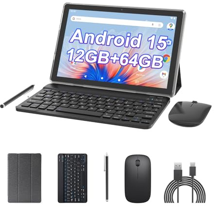 Android 15 surfplatta 10 tum, 2-i-1 surfplattor med tangentbordsfodral musmatta, 10 GB RAM 64 GB ROM 1 TB expandering, fyrkärnig processor surfplatta PC, 5G WiFi6, BT5.0, 6000 mAh, 1280 x 800