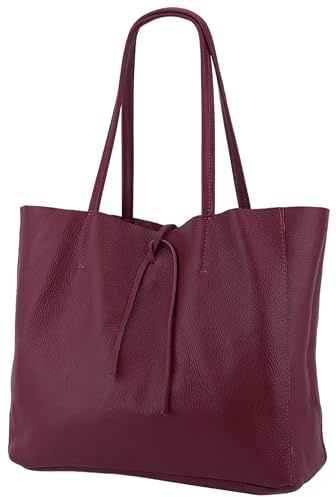 SH Leder ® Damen Echt Rindleder Shopper in Querformat mit Innentasche in vielen Farben Schultertasche Henkeltasche 30x37cm Maja G514 (Weinrot)