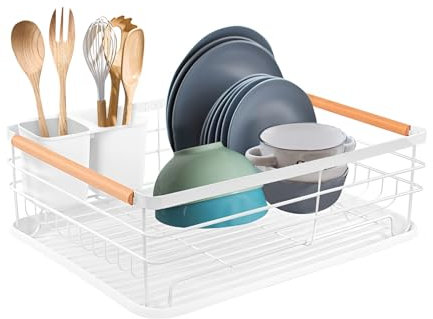 M.J COMFY-LIFE Dish Drainer Rack with Removable Drip Tray - Large Space Saving Kitchen Drying Rack for Plates, Bowls & Cutlery - Rust-Proof Metal Frame with Wooden Handles (WHITE)