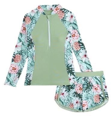 Generisch 2025 niñas manga larga Rash Guard con pantalones cortos sol UPF 50+ traje de baño para niños piscina playa verano agua juego traje de baño tamaño 140, Verde claro., 9-10 años