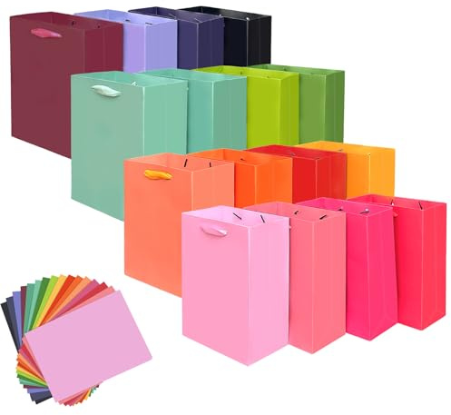 Gcardist 16 mini sacchetti regalo in 16 colori con manici in carta velina, 16 cm x 11,9 cm x 6,1 cm, piccoli sacchetti regalo per feste (32 pezzi di carta velina