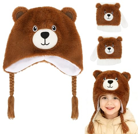 Hifot 3PCS Conjunto de Gorro y Guantes Niña, Oso Guantes Invierno Niño Gorro Invierno Niña de 3-8 Años con Orejeras, Oso Mitones Sombreros de Térmicos para Niños Regalo Navidad