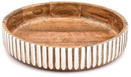 Hanol Frutero de madera – Cuenco grande de madera de mango con acabado quemado medio y blanqueado | Cuenco decorativo de cocina para ensalada, fruta, aperitivos, pan y más (12 x 12 x 2.5 pulgadas)