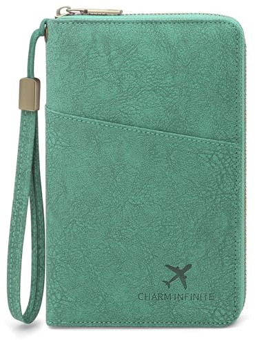 Funda Pasaporte Porta Pasaporte con Bloqueo RFID Cuero de PU Cartera de Pasaporte Familiar Cremallera Passport Cover Porta Documentos viaje Crédito, Tarjetas De Identificación Mujer Hombre (Verde)