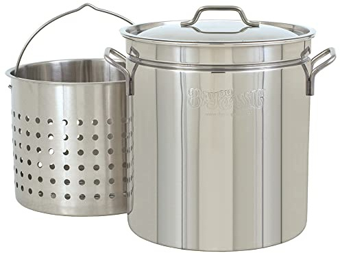 Bayou Classic 1124 24-qt Stainless Stockpot w/Lid And Basket Includes Vented Lid Perforated Stainless Steel Basket Perfect For Steaming Boiling and Frying