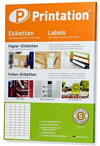 Printation 38,1 x 21,2 mm Etiketten selbstklebend A4 weiß - 650 Aufkleber 38,1x21,2 auf 10 DIN A4 Bogen / 65 Sticker pro Blatt 5x13 - Universal Etiketten 65 matt bedruckbar/Klebeetiketten 3666 4606