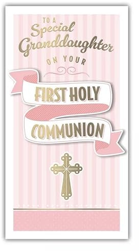 Granddaughter First Holy Communion Card Pink White Stripe with Gold Foil Cross 8.75x4