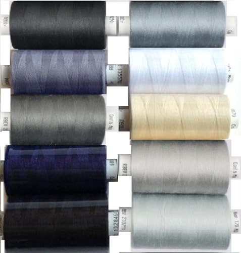 GCS LONDON 10 x Moon Polyester Reels Thread Sewing Over Locking Coats 1000 Yards 120’s (Grey) - Coats Moon Assorted Sewing Thread - Box of 10 reels