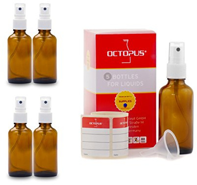 5 x 50 ml sprayflaskor med fingerförångare, minitratt märkningsetiketter, sprayflaskor med ljusskydd, sprayflaskor med pumpspruta, t.ex. för kolloidalt silver eller parfym
