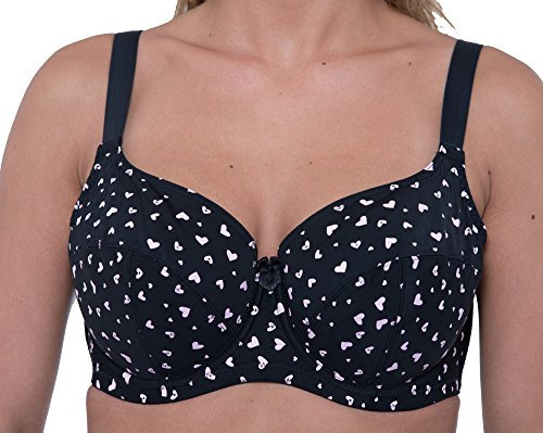Orchid GEMM Womens Heart Print Bra Balcony Full Cup Underwire Firm Support, Adjustable Straps, Comfort Back Support,Black Pink, 42G