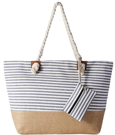 DonDon Grand sac de plage hydrofuge avec fermeture à glissière Sac shopping à bandoulière Rayures bleu foncé